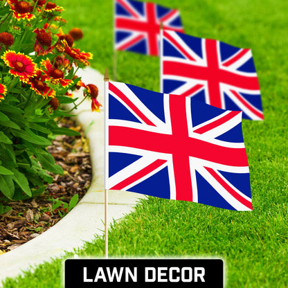 G128 30 Pack Handheld United Kingdom UK Stick Flags | 12x18 In | Printed 150D Polyester, Country Flag, Solid Wooden Stick, Spear Gold Tip