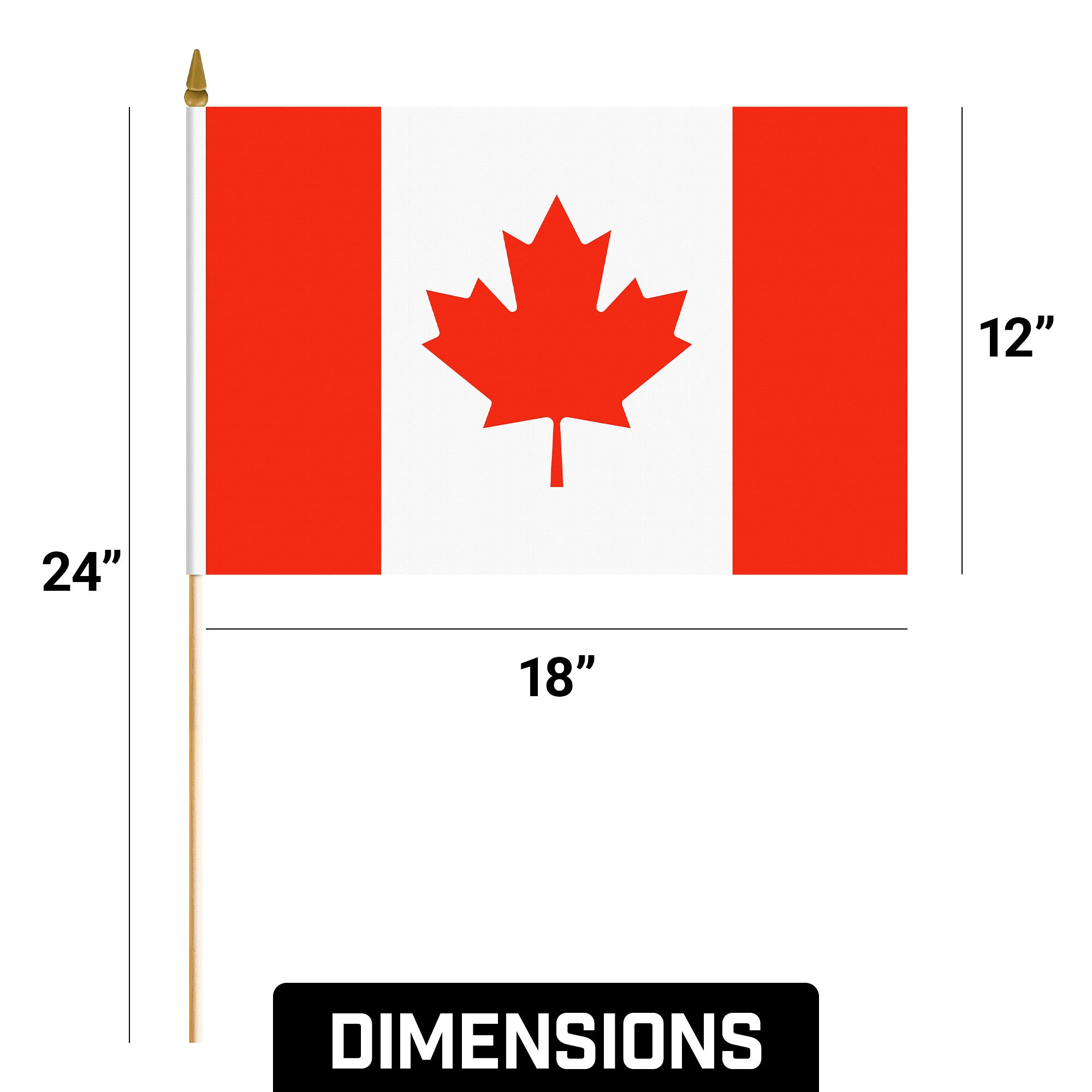 G128 50 Pack Handheld Canada Canadian Stick Flags | 12x18 In | Printed 150D Polyester, Country Flag, Solid Wooden Stick, Spear Gold Tip