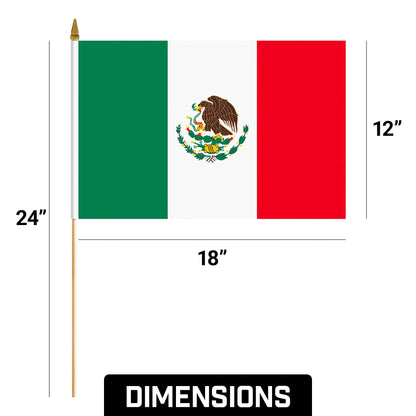 G128 12 Pack Handheld Mexico Mexican Stick Flags | 12x18 In | Printed 150D Polyester, Country Flag, Solid Wooden Stick, Spear Gold Tip