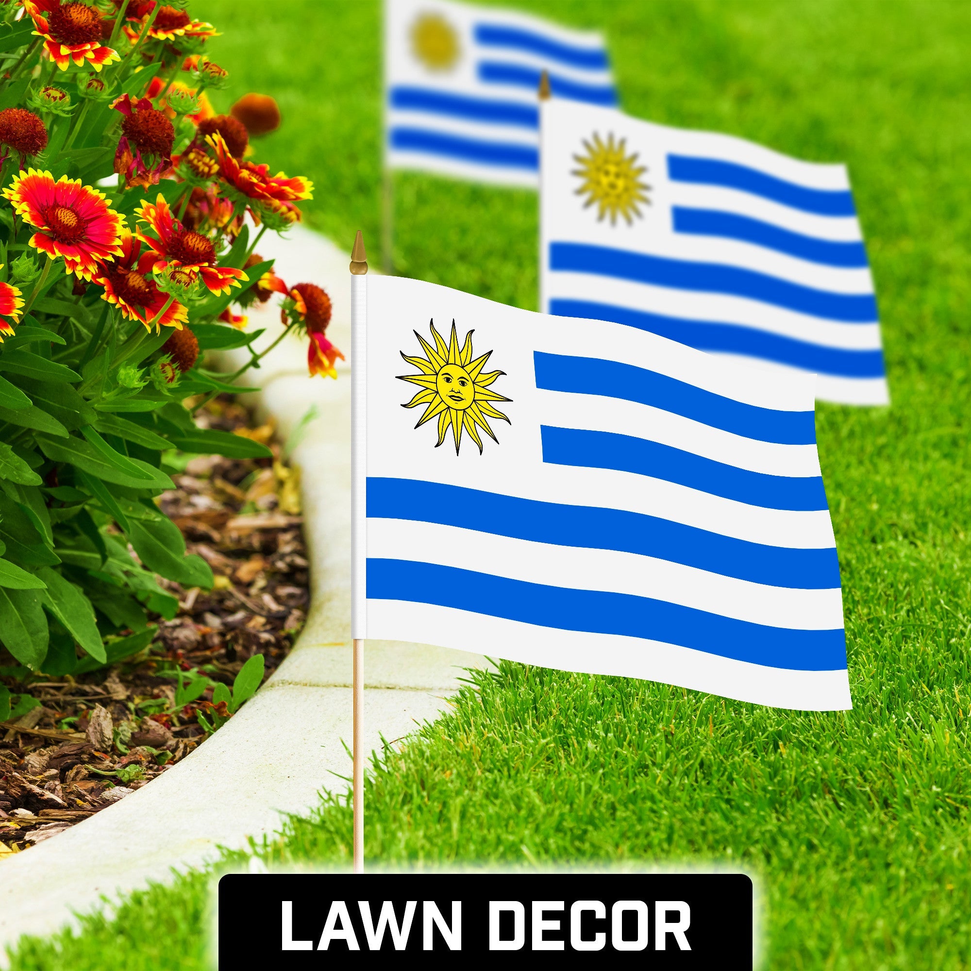 G128 30 Pack Handheld Uruguay Uruguayan Stick Flags | 12x18 In | Printed 150D Polyester, Country Flag, Solid Wooden Stick, Spear Gold Tip