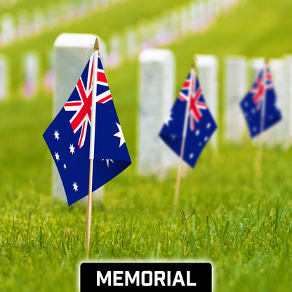 G128 50 Pack Handheld Australia Australian Stick Flags | 12x18 In | Printed 150D Polyester, Country Flag, Solid Wooden Stick, Spear Gold Tip