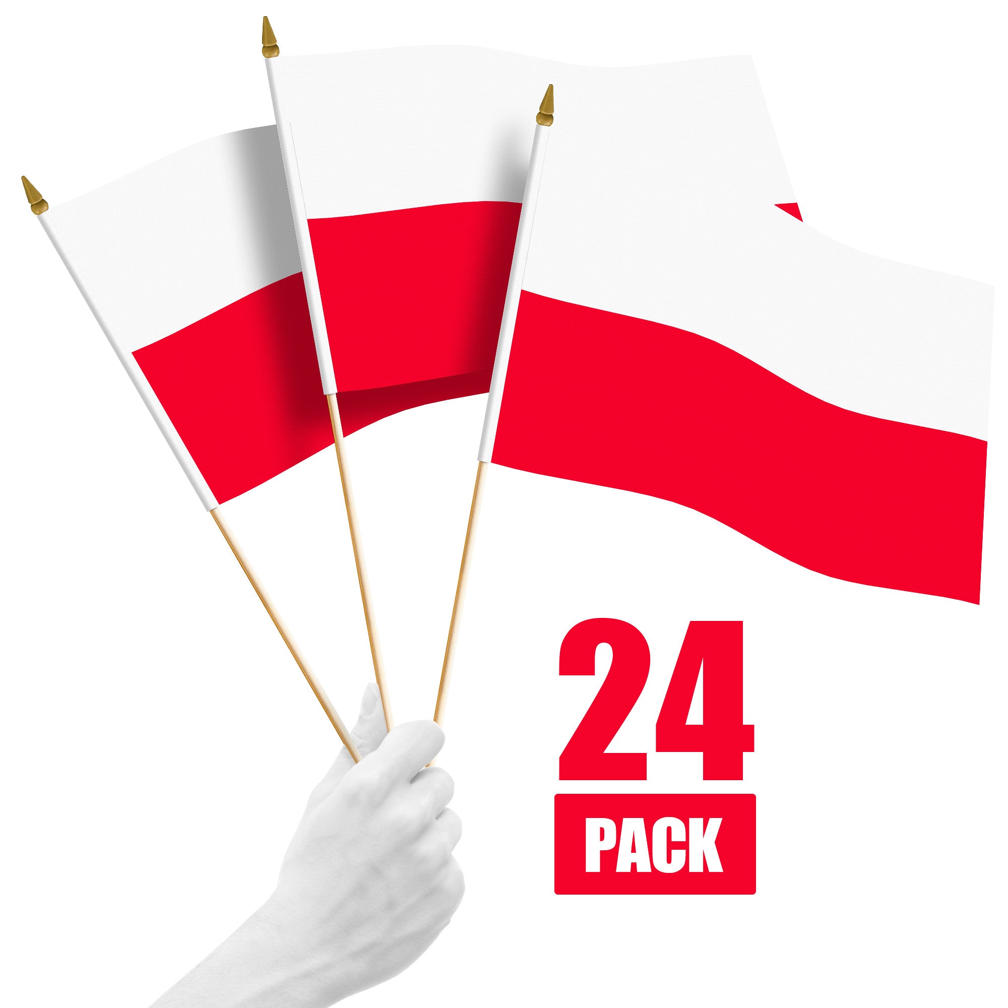 G128 24 Pack Handheld Poland Polish Stick Flags | 12x18 In | Printed 150D Polyester, Country Flag, Solid Wooden Stick, Spear Gold Tip