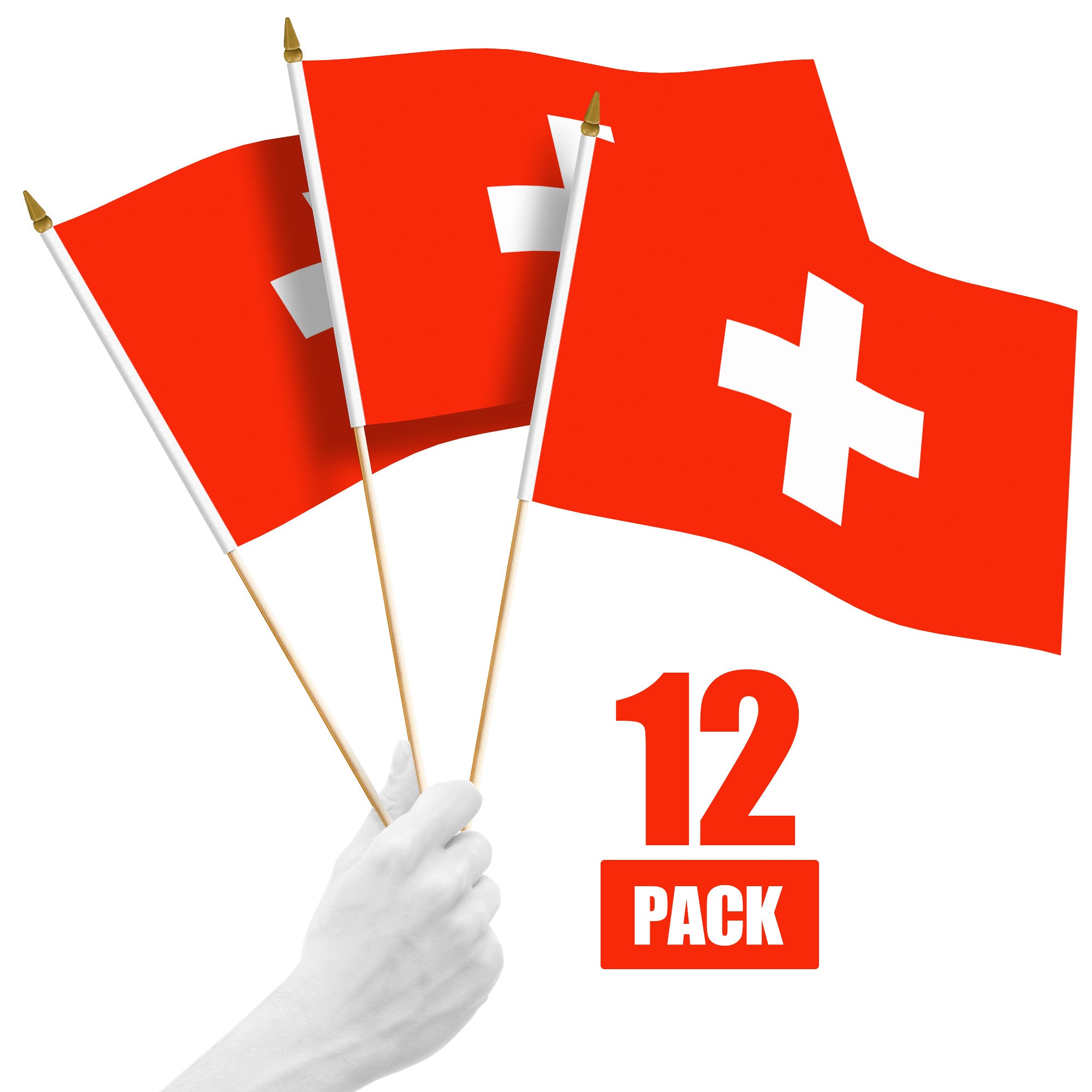 G128 12 Pack Handheld Switzerland Swiss Stick Flags | 12x18 In | Printed 150D Polyester, Country Flag, Solid Wooden Stick, Spear Gold Tip