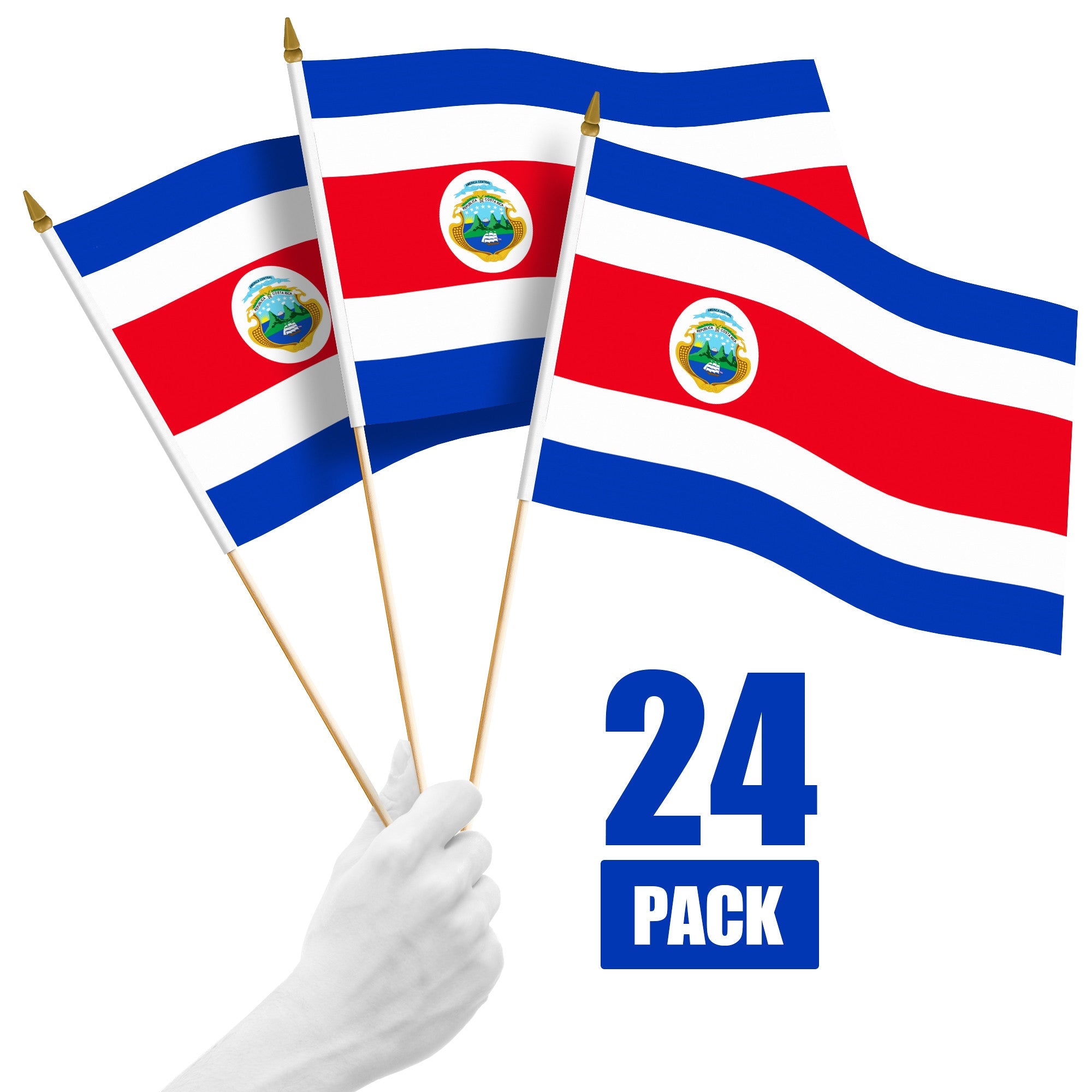 G128 24 Pack Handheld Costa Rica Costa Rican Stick Flags | 12x18 In | Printed 150D Polyester, Country Flag, Solid Wooden Stick, Spear Gold Tip