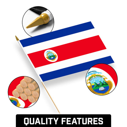 G128 12 Pack Handheld Costa Rica Costa Rican Stick Flags | 12x18 In | Printed 150D Polyester, Country Flag, Solid Wooden Stick, Spear Gold Tip