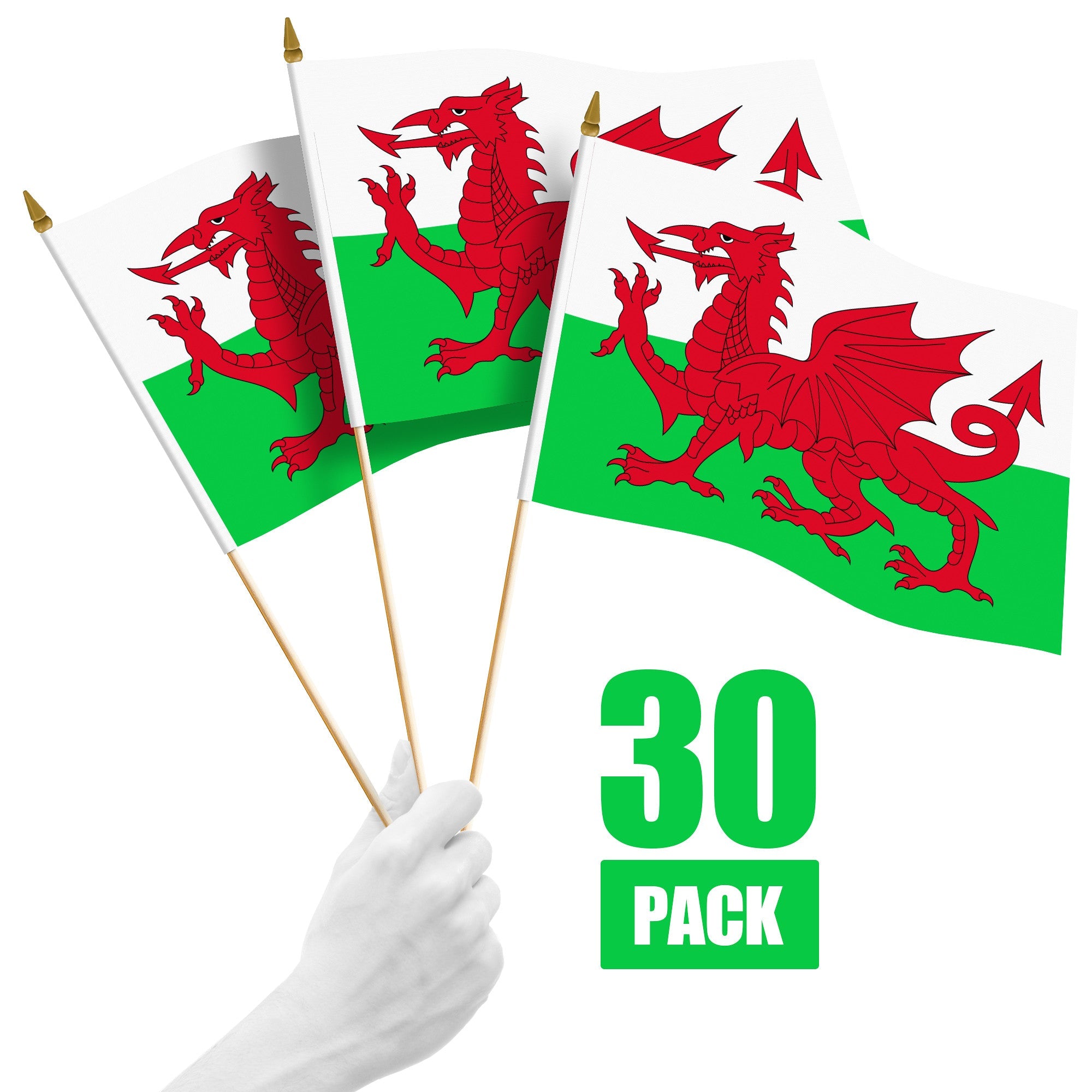 G128 30 Pack Handheld Wales Welsh Stick Flags | 12x18 In | Printed 150D Polyester, Country Flag, Solid Wooden Stick, Spear Gold Tip