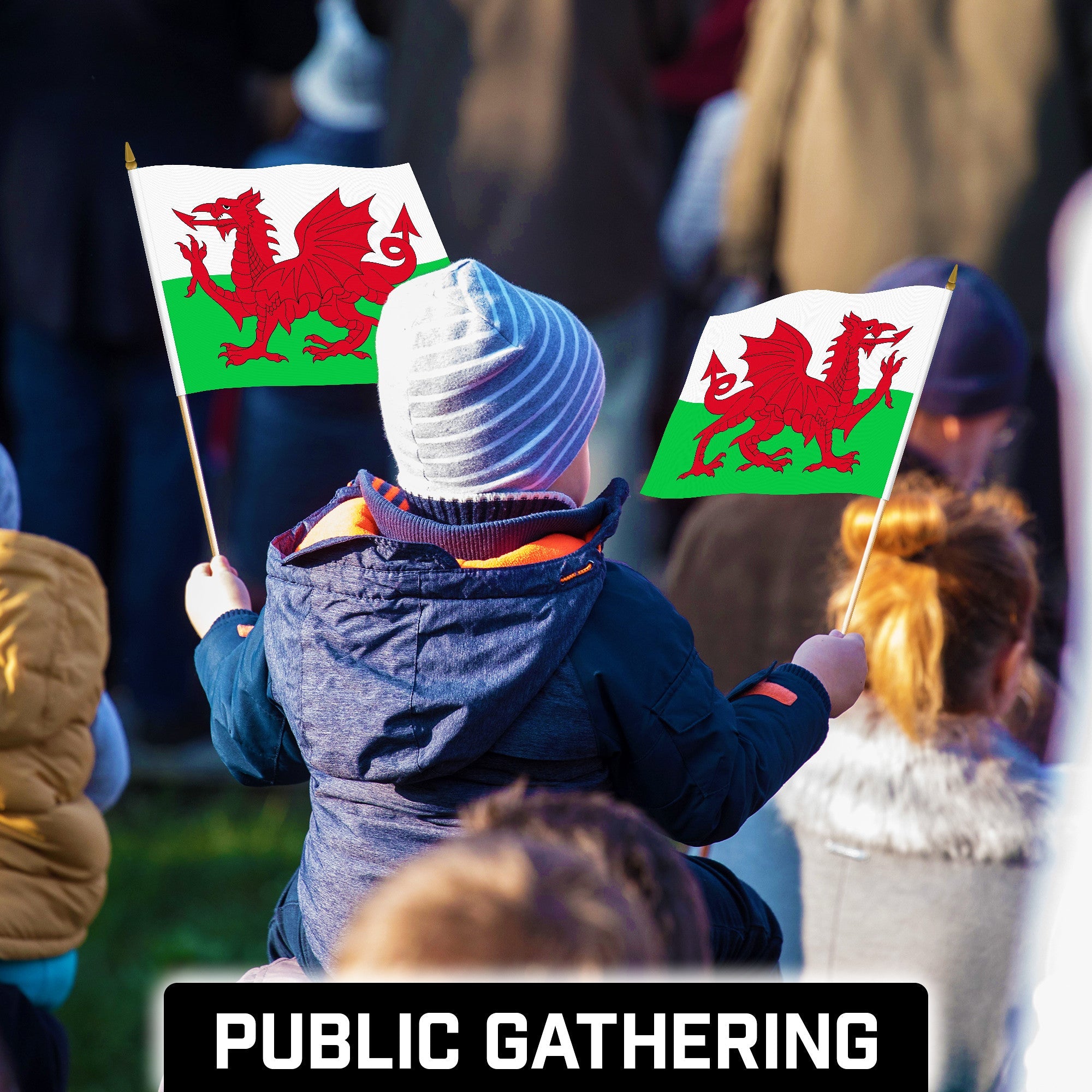 G128 50 Pack Handheld Wales Welsh Stick Flags | 12x18 In | Printed 150D Polyester, Country Flag, Solid Wooden Stick, Spear Gold Tip