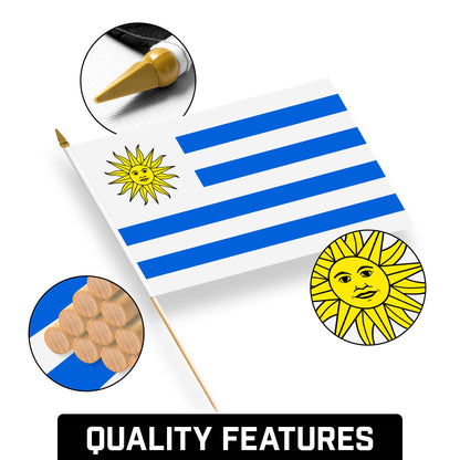 G128 30 Pack Handheld Uruguay Uruguayan Stick Flags | 12x18 In | Printed 150D Polyester, Country Flag, Solid Wooden Stick, Spear Gold Tip