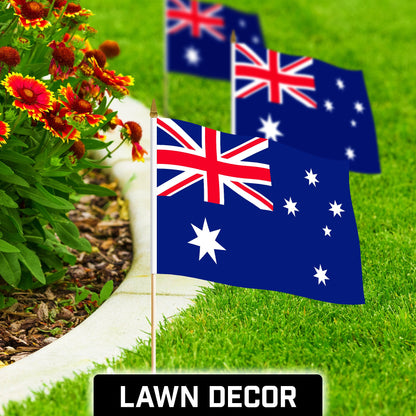G128 12 Pack Handheld Australia Australian Stick Flags | 12x18 In | Printed 150D Polyester, Country Flag, Solid Wooden Stick, Spear Gold Tip