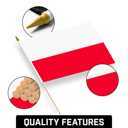 G128 30 Pack Handheld Poland Polish Stick Flags | 12x18 In | Printed 150D Polyester, Country Flag, Solid Wooden Stick, Spear Gold Tip