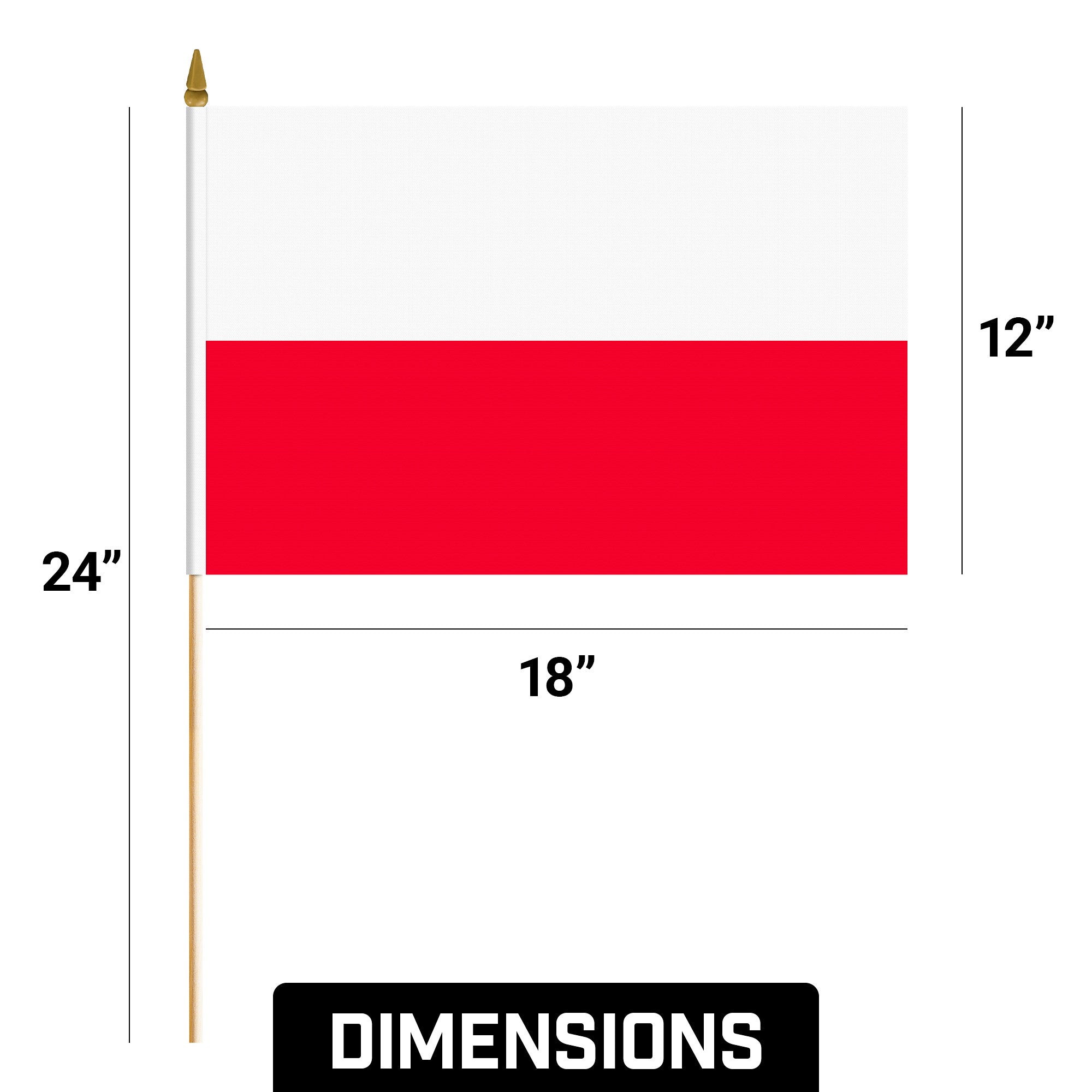 G128 24 Pack Handheld Poland Polish Stick Flags | 12x18 In | Printed 150D Polyester, Country Flag, Solid Wooden Stick, Spear Gold Tip