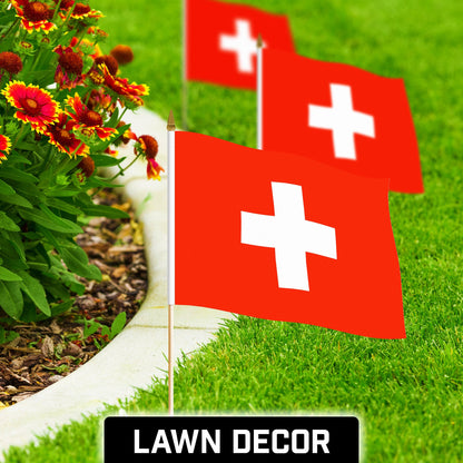 G128 24 Pack Handheld Switzerland Swiss Stick Flags | 12x18 In | Printed 150D Polyester, Country Flag, Solid Wooden Stick, Spear Gold Tip