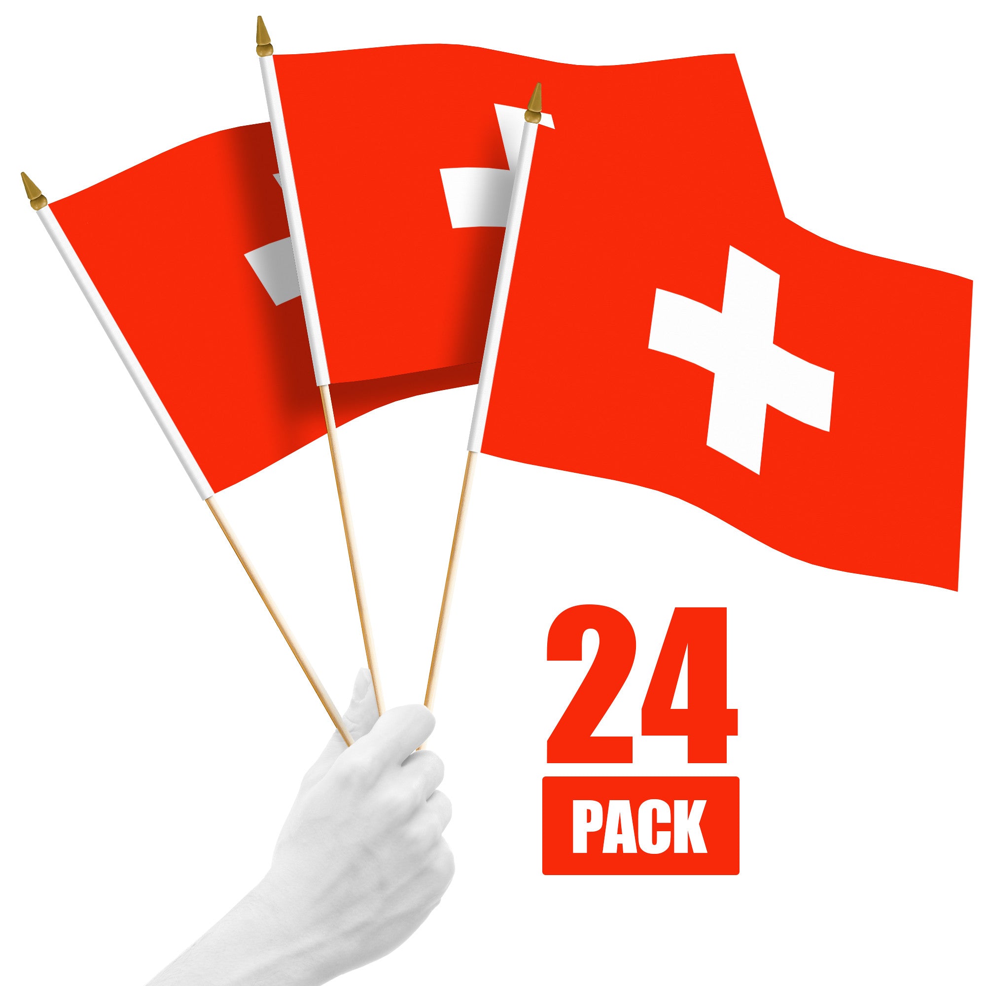 G128 24 Pack Handheld Switzerland Swiss Stick Flags | 12x18 In | Printed 150D Polyester, Country Flag, Solid Wooden Stick, Spear Gold Tip