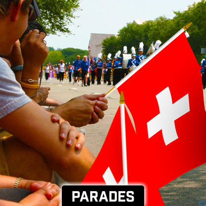G128 24 Pack Handheld Switzerland Swiss Stick Flags | 12x18 In | Printed 150D Polyester, Country Flag, Solid Wooden Stick, Spear Gold Tip