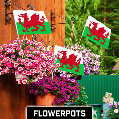 G128 12 Pack Handheld Wales Welsh Stick Flags | 12x18 In | Printed 150D Polyester, Country Flag, Solid Wooden Stick, Spear Gold Tip