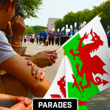 G128 30 Pack Handheld Wales Welsh Stick Flags | 12x18 In | Printed 150D Polyester, Country Flag, Solid Wooden Stick, Spear Gold Tip