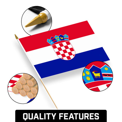 G128 30 Pack Handheld Croatia Croatian Stick Flags | 12x18 In | Printed 150D Polyester, Country Flag, Solid Wooden Stick, Spear Gold Tip