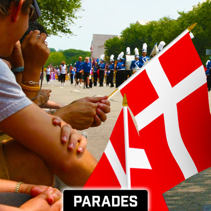 G128 30 Pack Handheld Denmark Danish Stick Flags | 12x18 In | Printed 150D Polyester, Country Flag, Solid Wooden Stick, Spear Gold Tip
