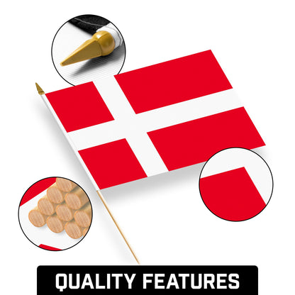 G128 30 Pack Handheld Denmark Danish Stick Flags | 12x18 In | Printed 150D Polyester, Country Flag, Solid Wooden Stick, Spear Gold Tip