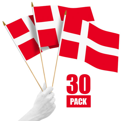 G128 30 Pack Handheld Denmark Danish Stick Flags | 12x18 In | Printed 150D Polyester, Country Flag, Solid Wooden Stick, Spear Gold Tip