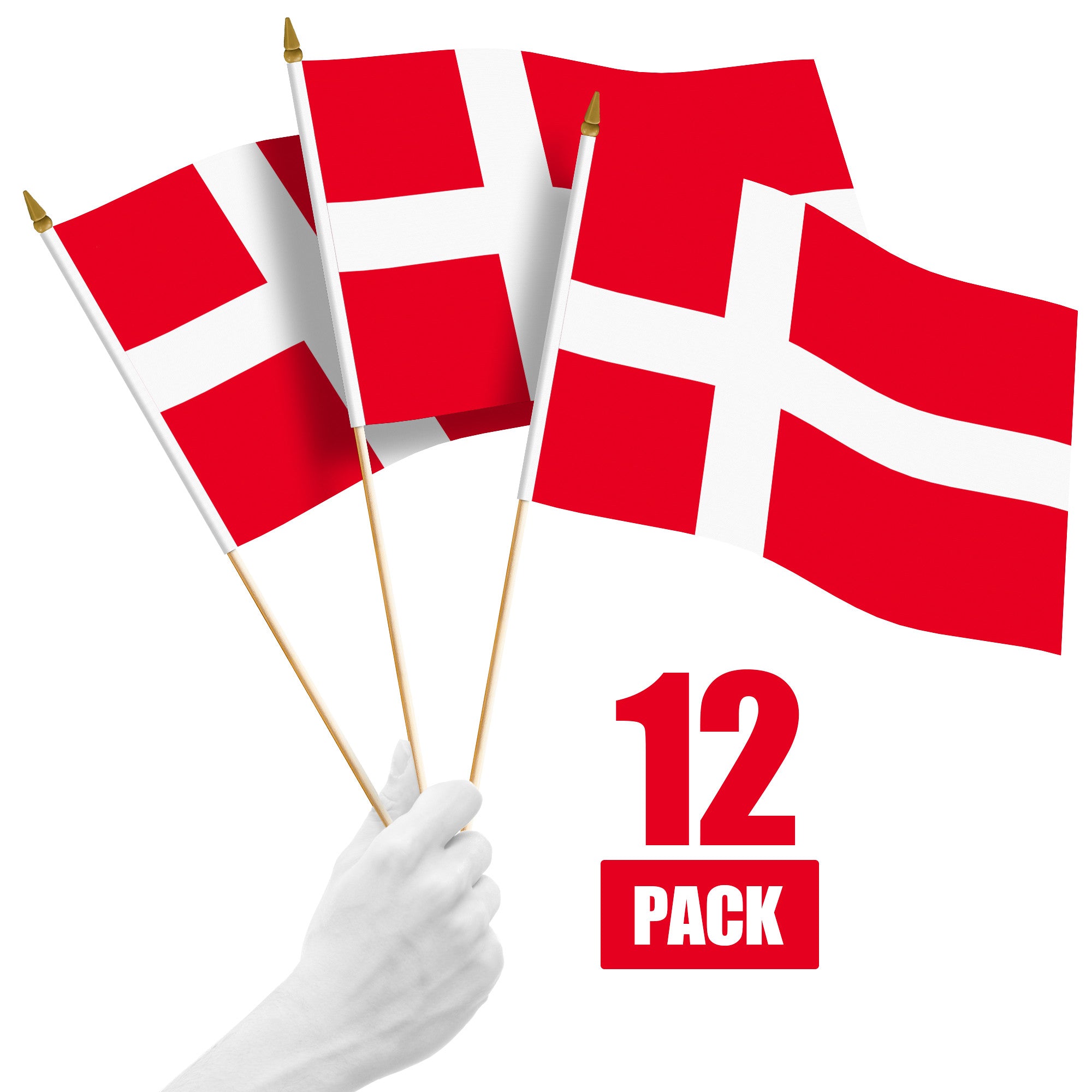 G128 12 Pack Handheld Denmark Danish Stick Flags | 12x18 In | Printed 150D Polyester, Country Flag, Solid Wooden Stick, Spear Gold Tip