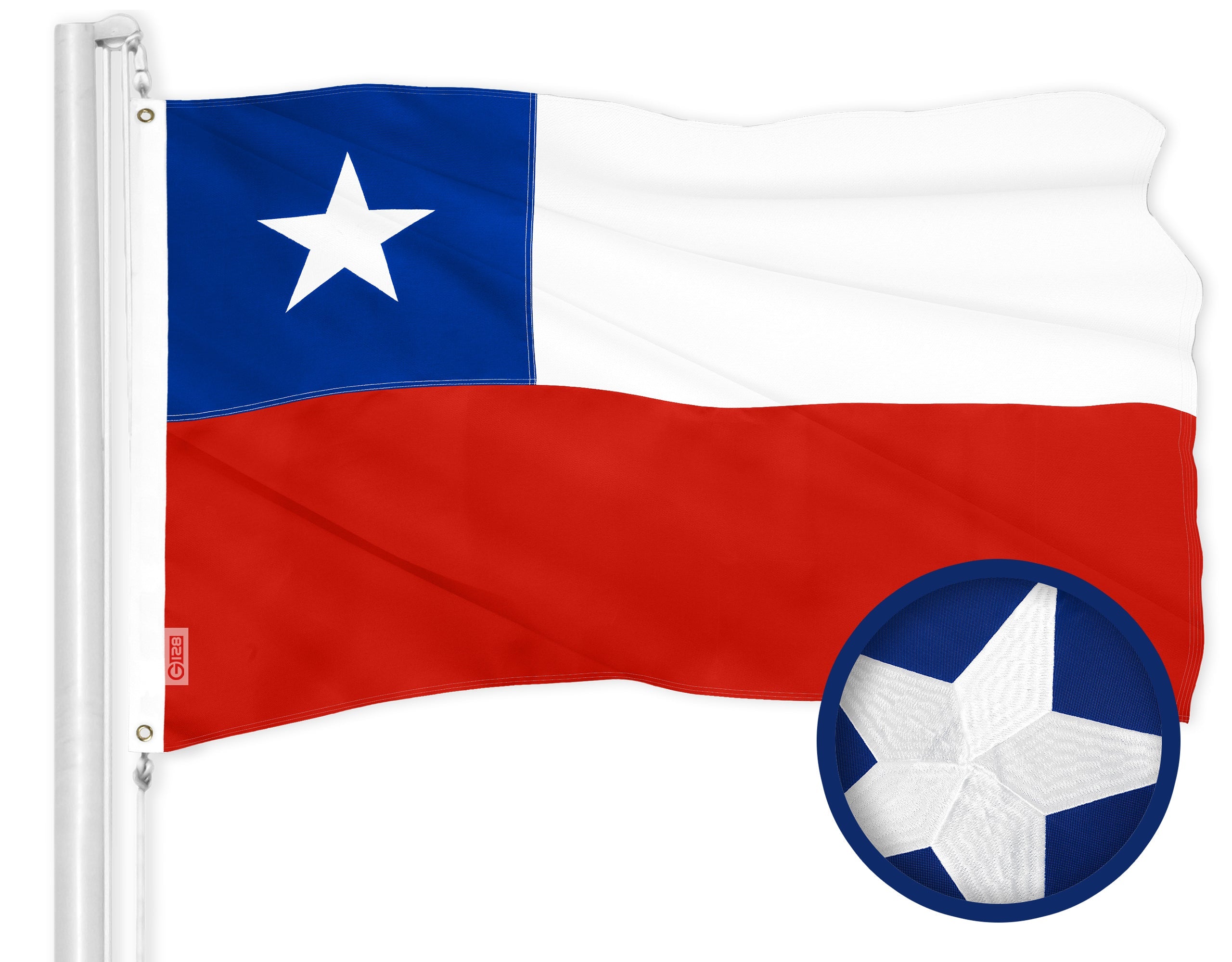 G128 Chile Chilean Flag | 3x5 Ft | ToughWeave Series Embroidered 300D Polyester | Country Flag, Embroidered Design, Indoor/Outdoor, Brass Grommets