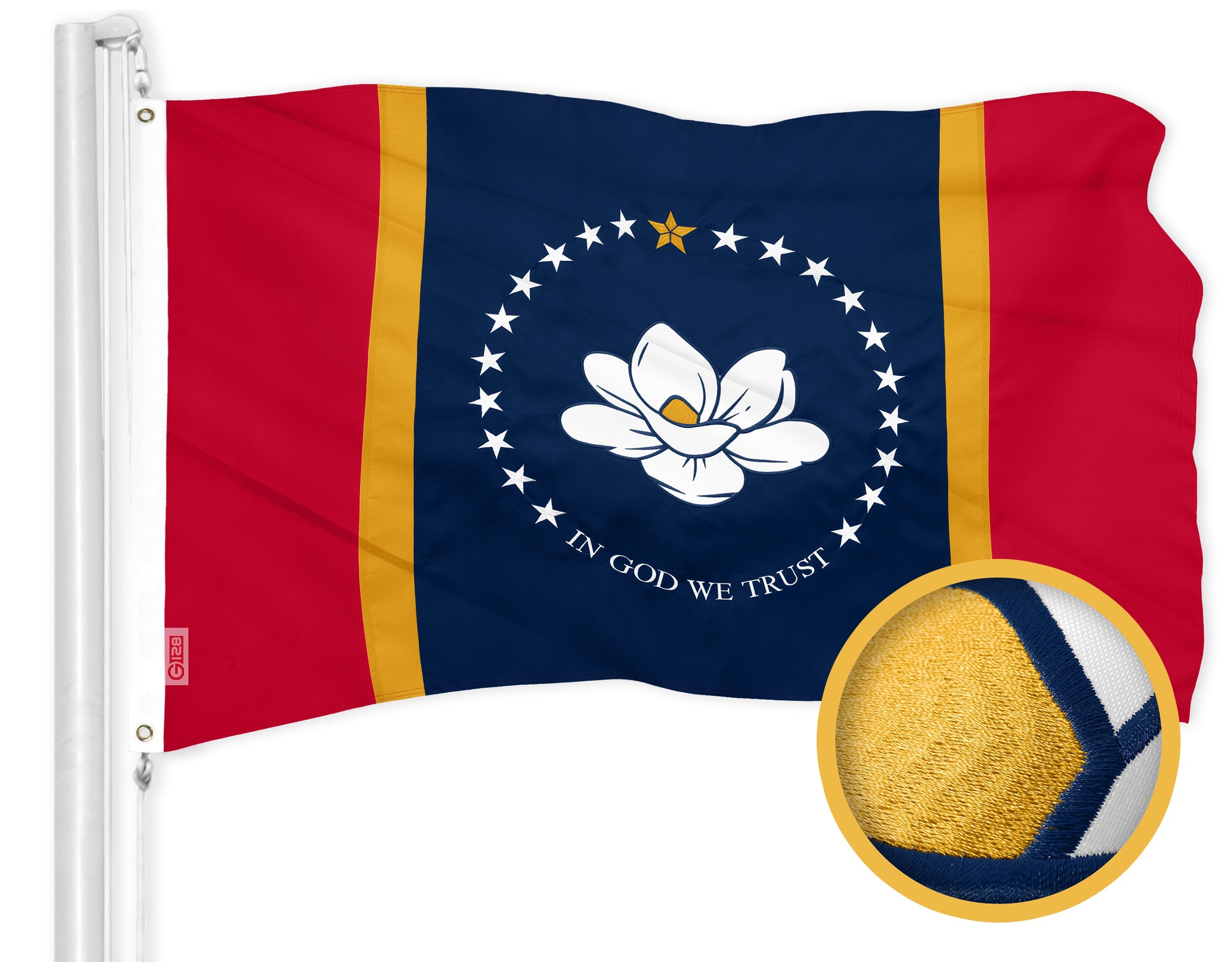 G128 Mississippi 2020 MS State Flag | 3x5 Ft | ToughWeave Series Embroidered 300D Polyester | Embroidered Design, Indoor/Outdoor, Brass Grommets