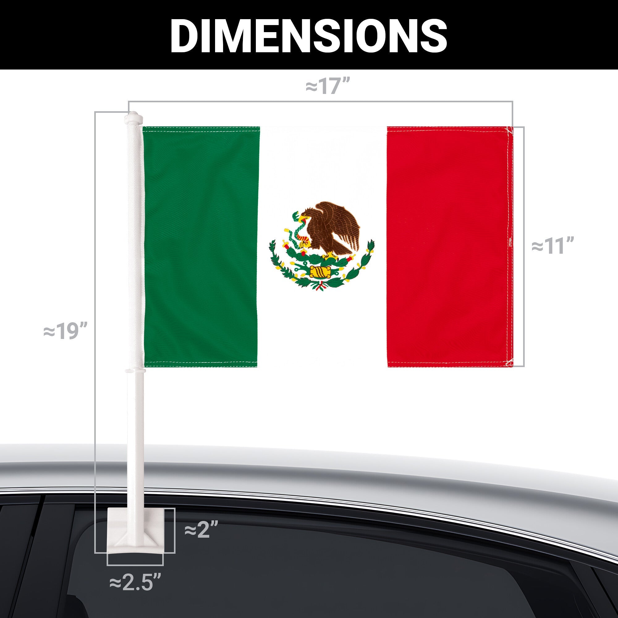 G128 2 Pack: Mexico Mexican Car Flag | 11x17 In | Double LiteWeave Pro Series Double Sided Printed 150D Polyester | Flagpole Included | Perfect for Festival Celebrations, Parades