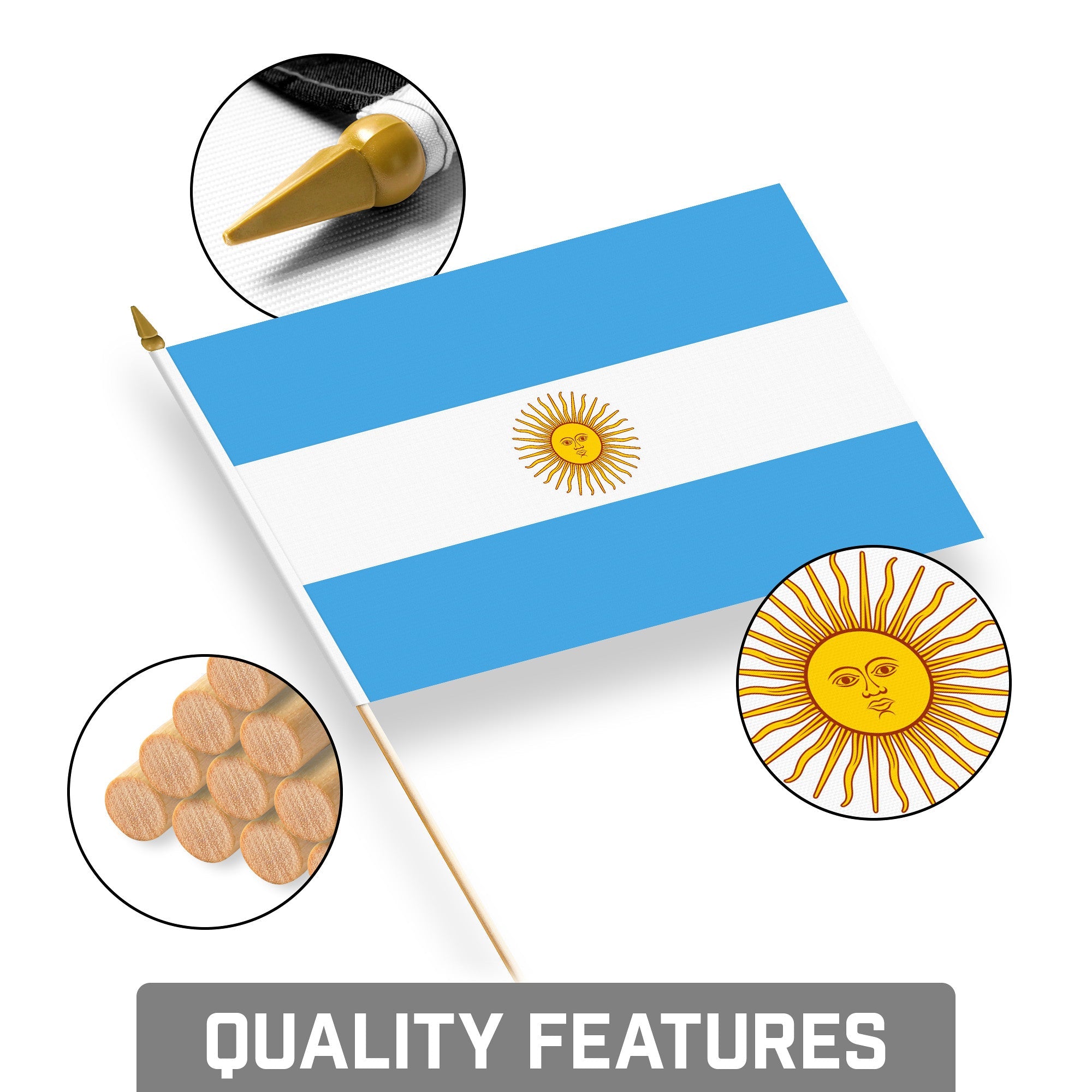 30 Pack Handheld Argentina Argentinian Stick Flags | 8x12 In | Printed 150D Polyester, Country Flag, Solid Wooden Stick, Spear Gold Tip