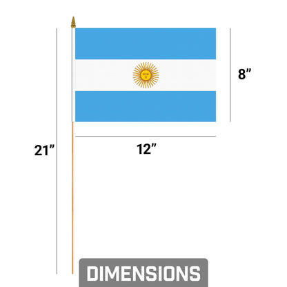 12 Pack Handheld Argentina Argentinian Stick Flags | 8x12 In | Printed 150D Polyester, Country Flag, Solid Wooden Stick, Spear Gold Tip