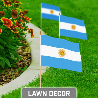 12 Pack Handheld Argentina Argentinian Stick Flags | 8x12 In | Printed 150D Polyester, Country Flag, Solid Wooden Stick, Spear Gold Tip