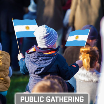 12 Pack Handheld Argentina Argentinian Stick Flags | 8x12 In | Printed 150D Polyester, Country Flag, Solid Wooden Stick, Spear Gold Tip
