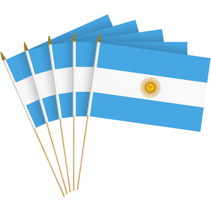 12 Pack Handheld Argentina Argentinian Stick Flags | 8x12 In | Printed 150D Polyester, Country Flag, Solid Wooden Stick, Spear Gold Tip