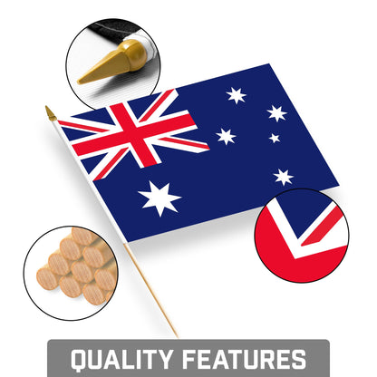 30 Pack Handheld Australia Australian Stick Flags | 8x12 In | Printed 150D Polyester, Country Flag, Solid Wooden Stick, Spear Gold Tip