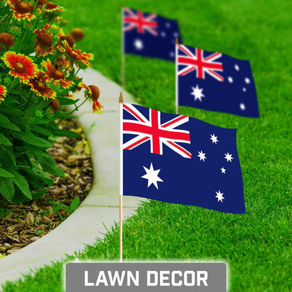 30 Pack Handheld Australia Australian Stick Flags | 8x12 In | Printed 150D Polyester, Country Flag, Solid Wooden Stick, Spear Gold Tip
