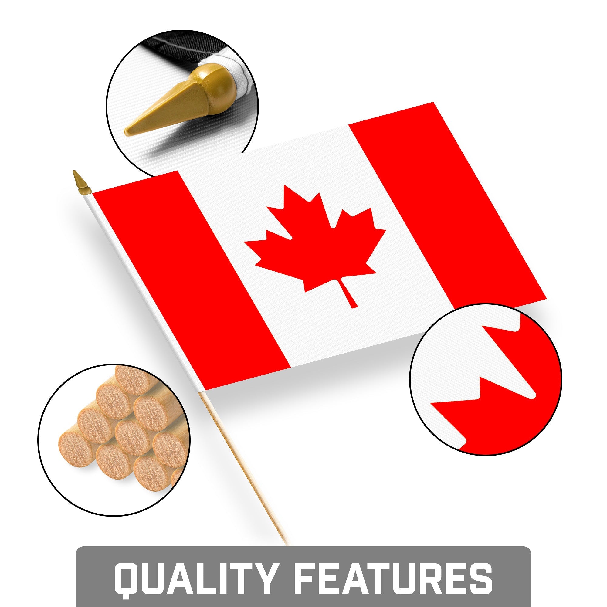 G128 50 Pack Handheld Canada Canadian Stick Flags | 8x12 In | Printed 150D Polyester, Country Flag, Solid Wooden Stick, Spear Gold Tip