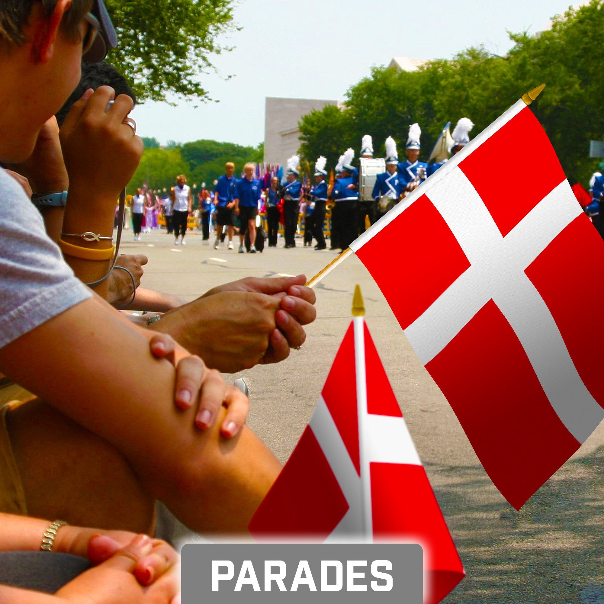 G128 50 Pack Handheld Denmark Danish Stick Flags | 8x12 In | Printed 150D Polyester, Country Flag, Solid Wooden Stick, Spear Gold Tip