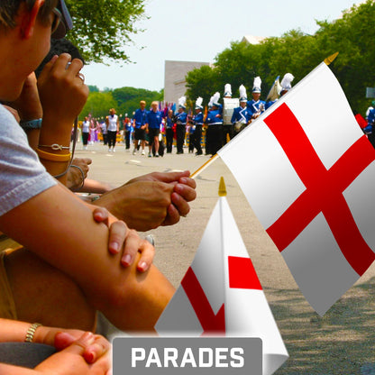 G128 12 Pack Handheld England English Stick Flags | 8x12 In | Printed 150D Polyester, Country Flag, Solid Wooden Stick, Spear Gold Tip
