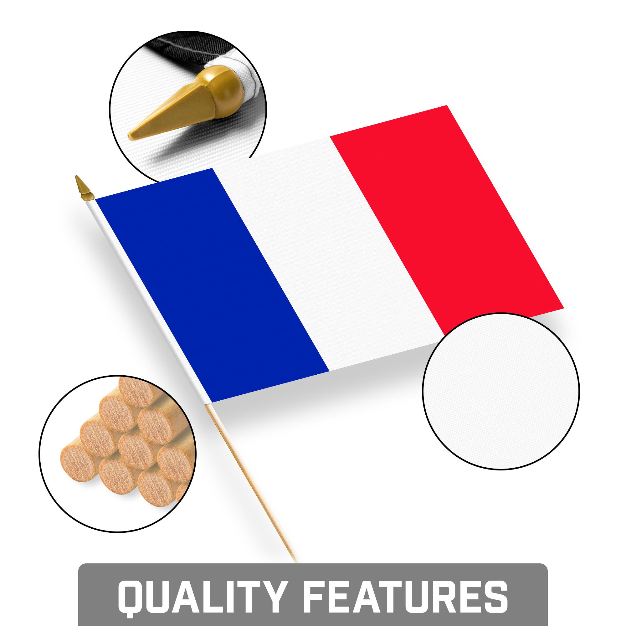 G128 12 Pack Handheld France French Stick Flags | 8x12 In | Printed 150D Polyester, Country Flag, Solid Wooden Stick, Spear Gold Tip