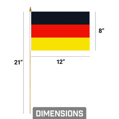 G128 12 Pack Handheld Germany German Stick Flags | 8x12 In | Printed 150D Polyester, Country Flag, Solid Wooden Stick, Spear Gold Tip