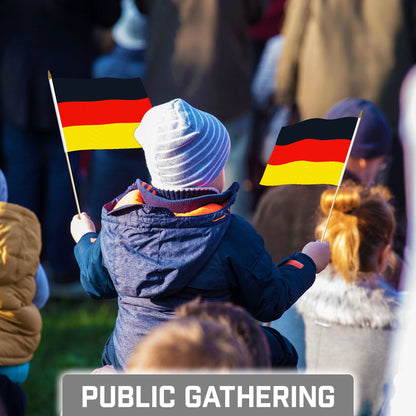 G128 30 Pack Handheld Germany German Stick Flags | 8x12 In | Printed 150D Polyester, Country Flag, Solid Wooden Stick, Spear Gold Tip