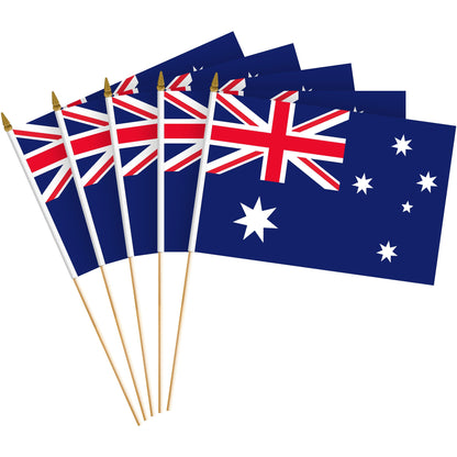G128 50 Pack Handheld Australia Australian Stick Flags | 8x12 In | Printed 150D Polyester, Country Flag, Solid Wooden Stick, Spear Gold Tip