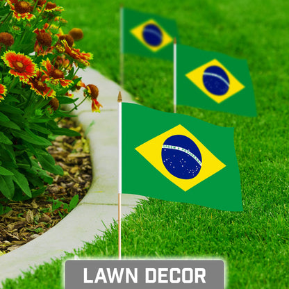 G128 12 Pack Handheld Brazil Brazilian Stick Flags | 8x12 In | Printed 150D Polyester, Country Flag, Solid Wooden Stick, Spear Gold Tip