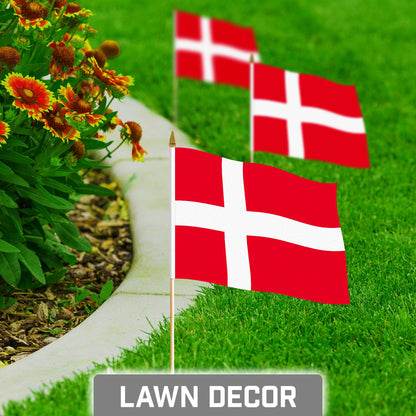 G128 24 Pack Handheld Denmark Danish Stick Flags | 8x12 In | Printed 150D Polyester, Country Flag, Solid Wooden Stick, Spear Gold Tip