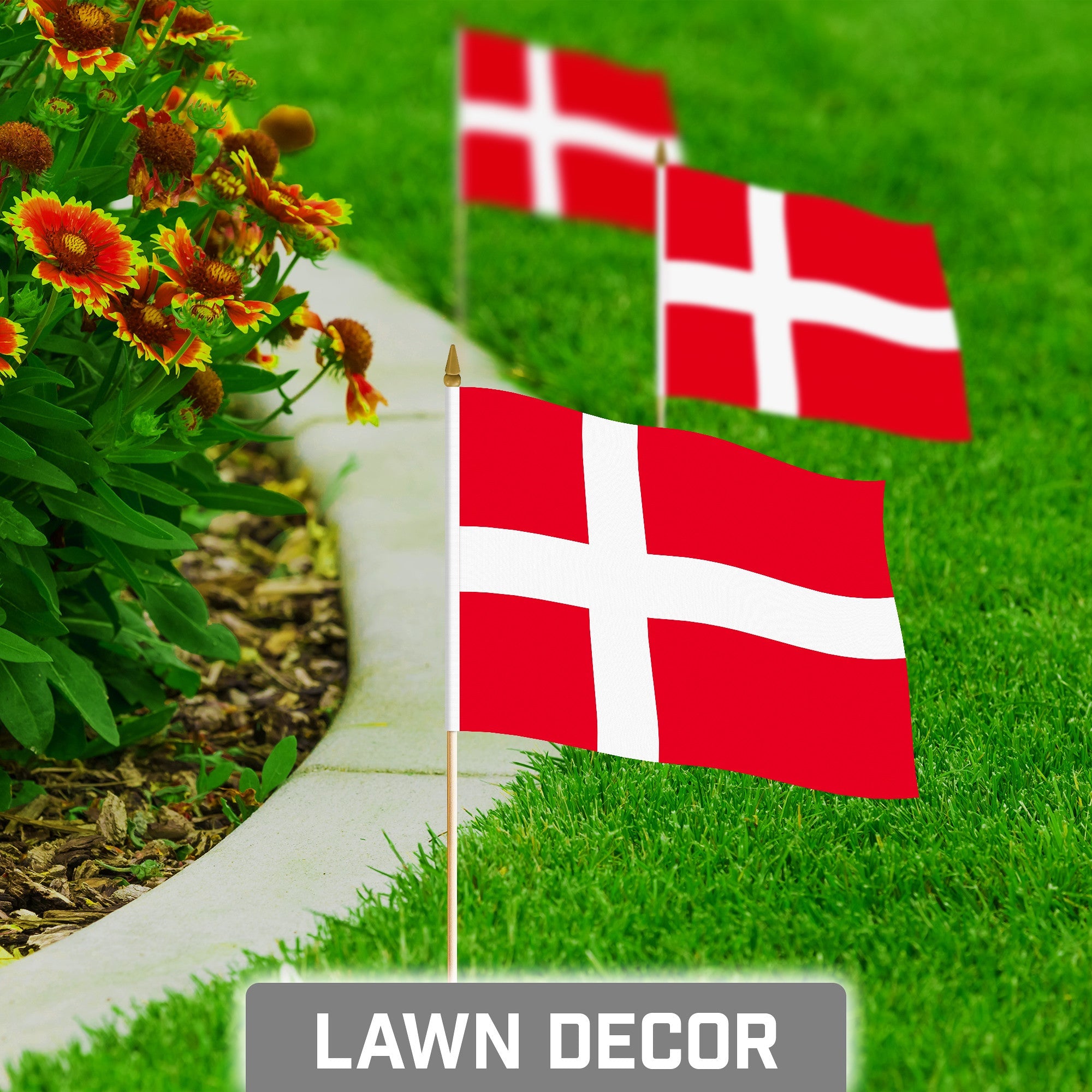 G128 30 Pack Handheld Denmark Danish Stick Flags | 8x12 In | Printed 150D Polyester, Country Flag, Solid Wooden Stick, Spear Gold Tip