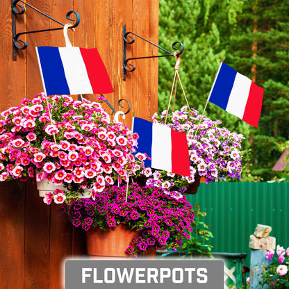G128 30 Pack Handheld France French Stick Flags | 8x12 In | Printed 150D Polyester, Country Flag, Solid Wooden Stick, Spear Gold Tip