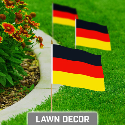 G128 30 Pack Handheld Germany German Stick Flags | 8x12 In | Printed 150D Polyester, Country Flag, Solid Wooden Stick, Spear Gold Tip