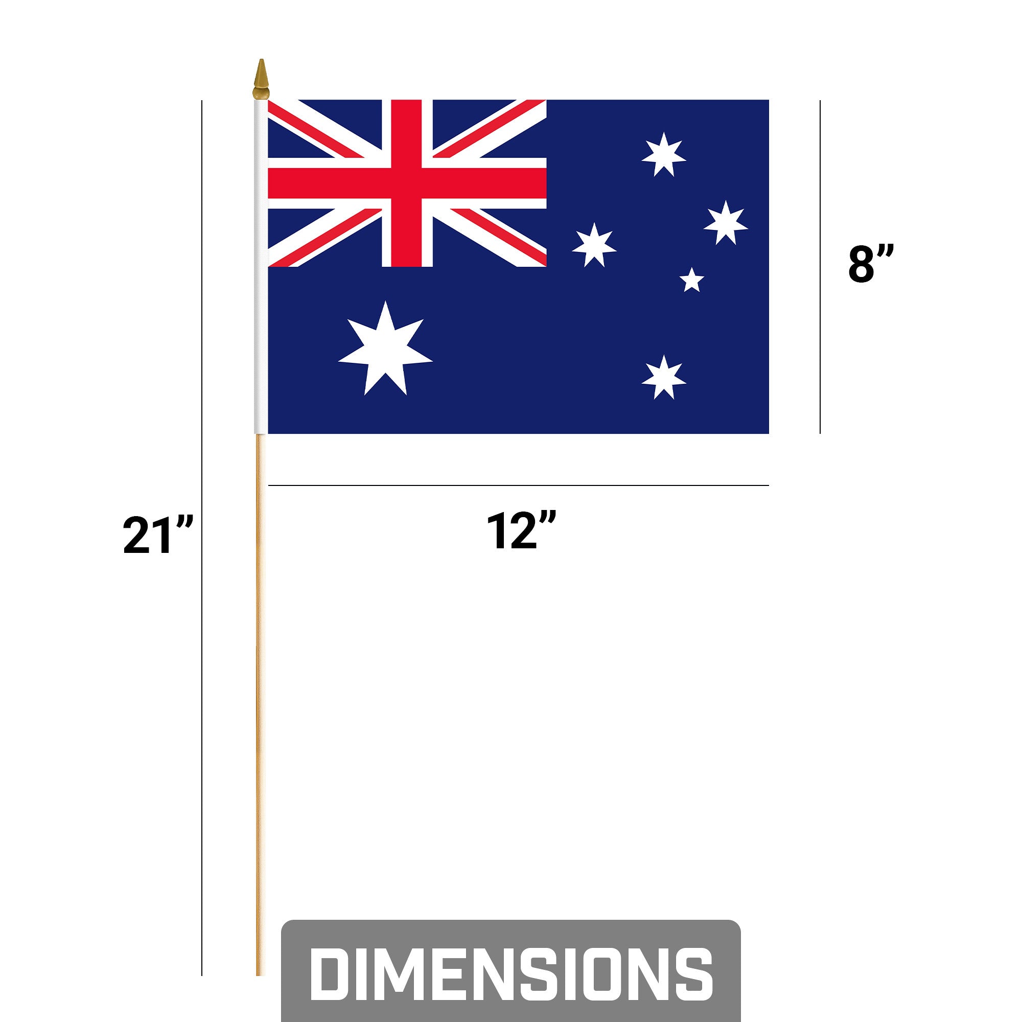 12 Pack Handheld Australia Australian Stick Flags | 8x12 In | Printed 150D Polyester, Country Flag, Solid Wooden Stick, Spear Gold Tip
