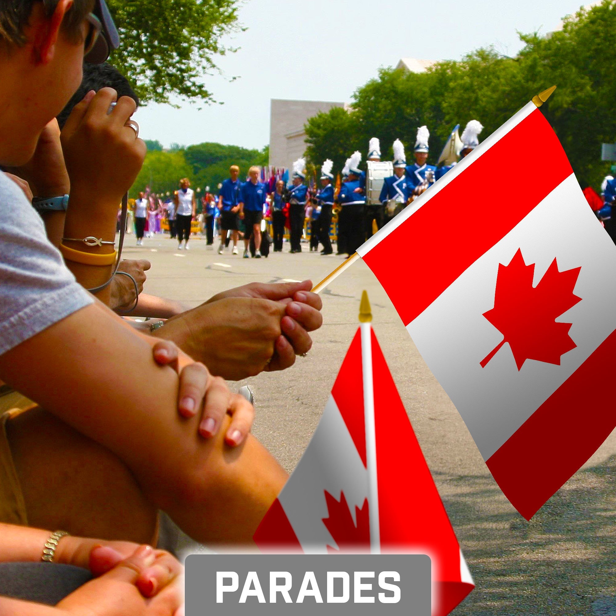 G128 50 Pack Handheld Canada Canadian Stick Flags | 8x12 In | Printed 150D Polyester, Country Flag, Solid Wooden Stick, Spear Gold Tip