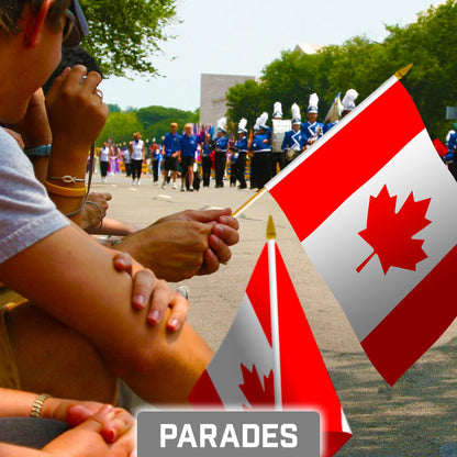G128 50 Pack Handheld Canada Canadian Stick Flags | 8x12 In | Printed 150D Polyester, Country Flag, Solid Wooden Stick, Spear Gold Tip